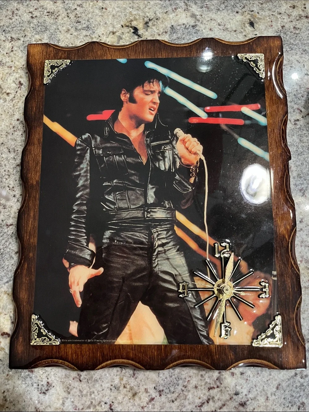 Elvis Presley Vintage -Style Black Leather Look Wall Clock with Wood Frame.